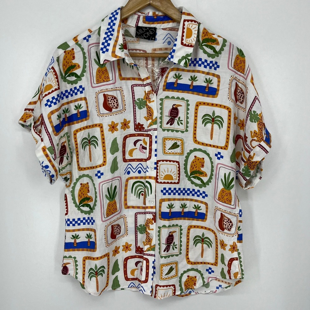 Milk & Honey Womens Tropical Leopard Toucan Print Short Sleeve Button Shirt M